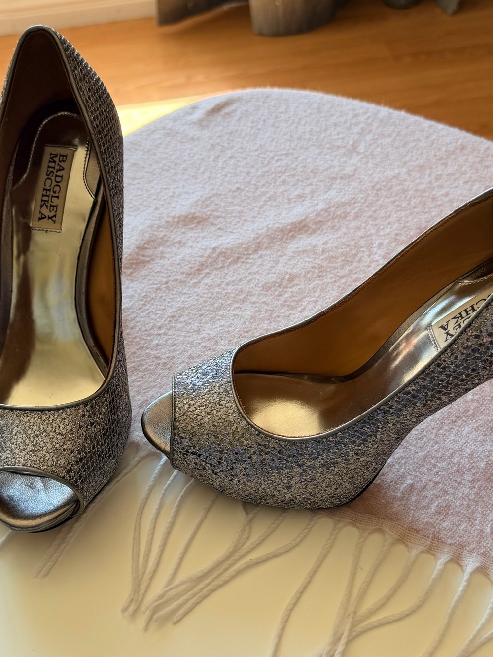 Badgley Mischka Glittery Silver Peep-Toe Platform Pumps